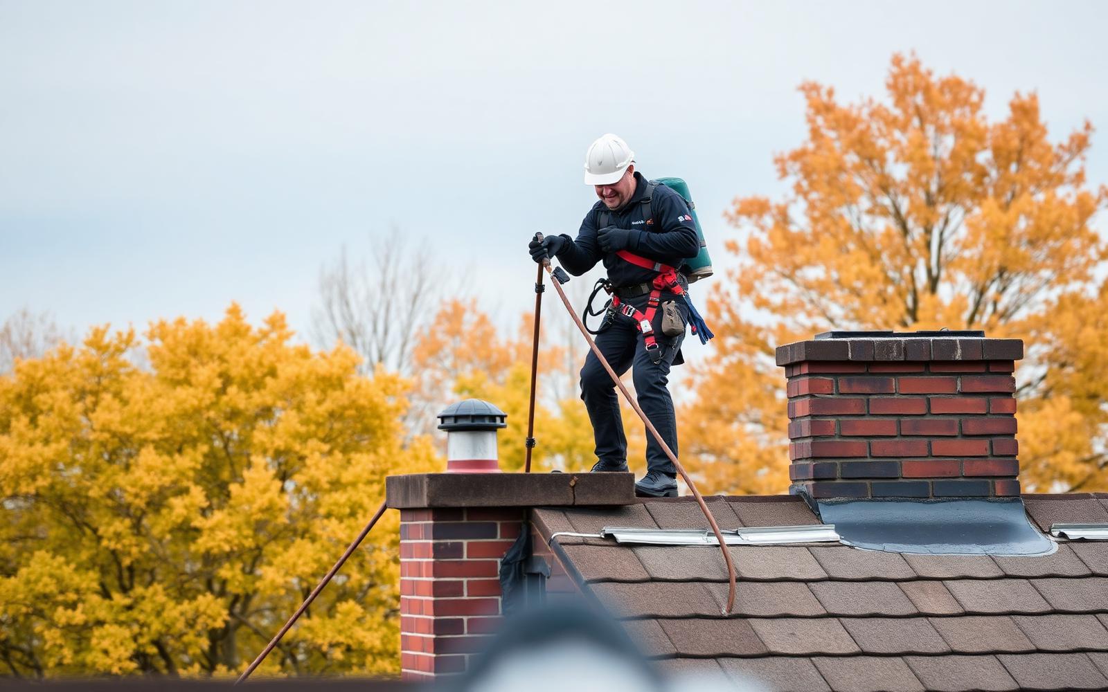 Professional chimney sweep cleaning a red brick chimney in New Jersey